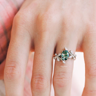 Green Moss Agate Leaf Engagement Ring in Sterling Silver