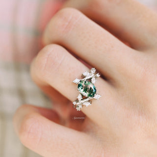 Green Moss Agate Leaf Engagement Ring in Sterling Silver