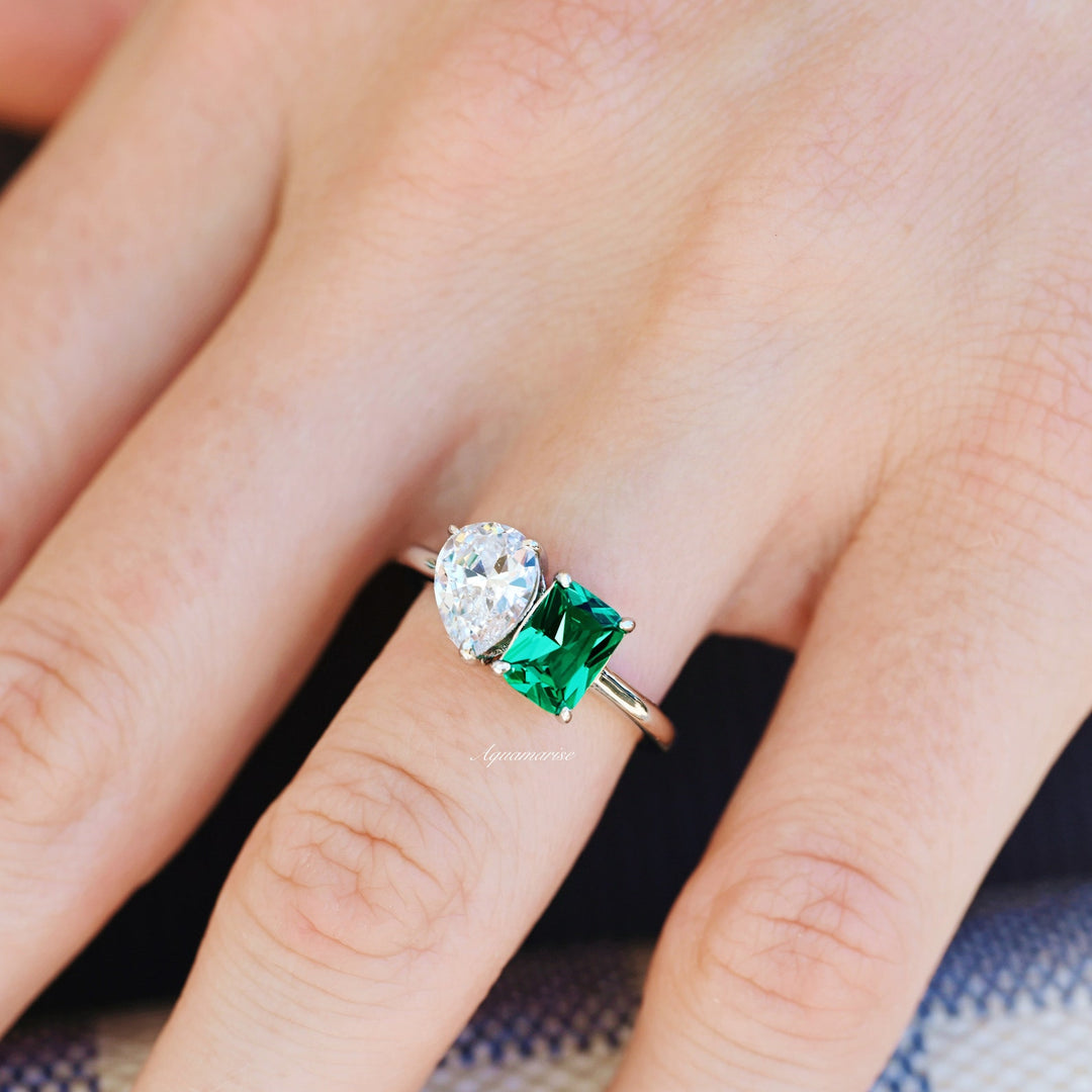 'Toi Et Moi' Minimalist Emerald & Diamond (cz) Ring- 925 Sterling Silver