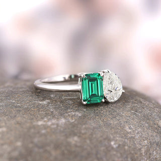 Toi Et Moi Emerald and Moissanite Ring- 14K White Gold
