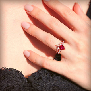 Skye Kite® Ruby & Rose Gold Leaf Couples Ring Set