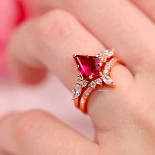 Skye Kite® Ruby & Rose Gold Leaf Couples Ring Set