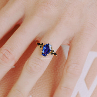 Coffin Cut Blue Sapphire and Gold Leaf Couples Ring Set