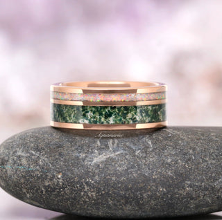 Enchanted Garden Moss Agate & Fire Opal Couples Ring Set