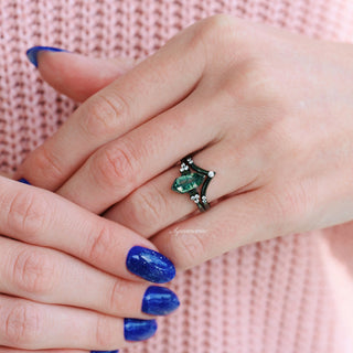 Hexagon Coffin Green Moss Agate Engagement Ring Set in Black Ruthenium