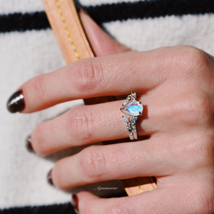 Teardrop Natural Moonstone Ring Set- 14K White Gold