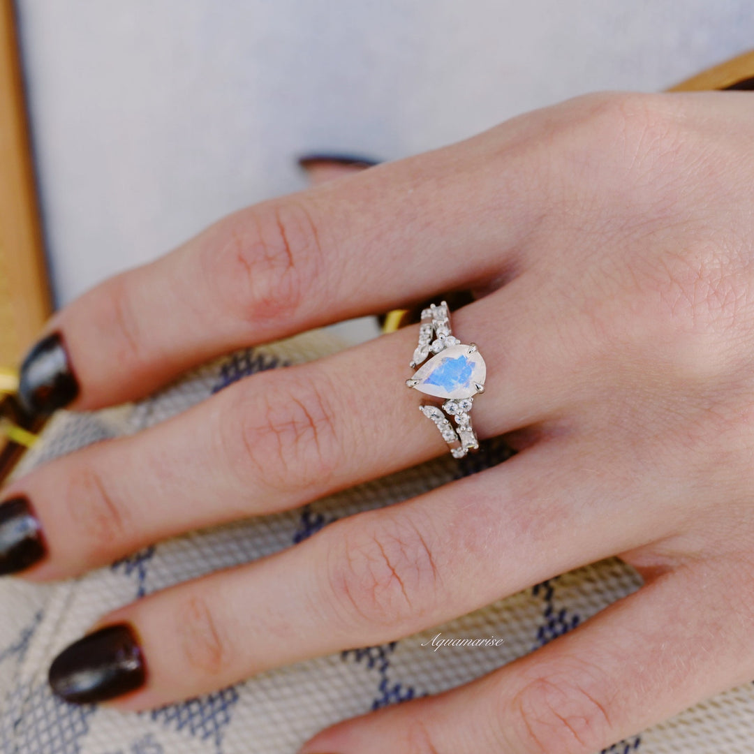 Teardrop Natural Moonstone Ring Set- 14K White Gold