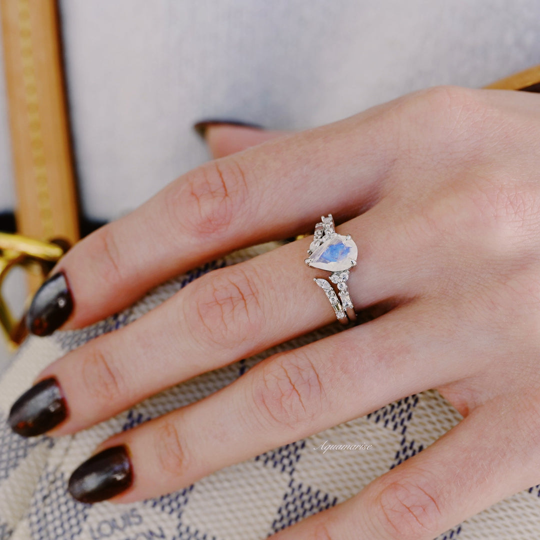 Teardrop Natural Moonstone Ring Set- 14K White Gold