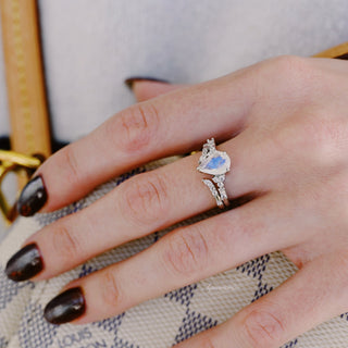 Teardrop Natural Moonstone Engagement Ring Set in 14K White Gold
