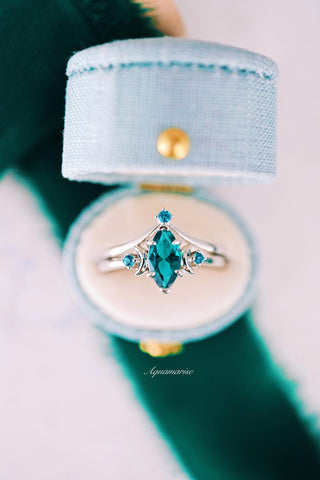 Teal Sapphire Crescent Moon Ring Set in 14K White Gold