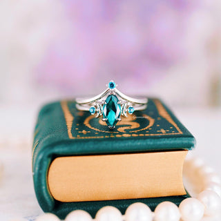 Teal Sapphire Crescent Moon Ring Set in 14K White Gold