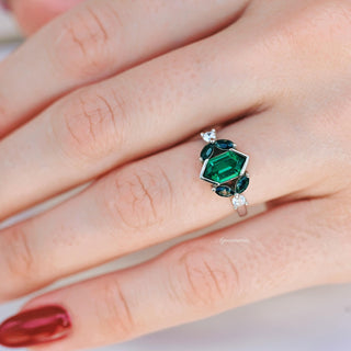 Hexagon Emerald & Moss Agate Leaf Ring- 14K White Gold