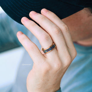 Blue Fire Opal & Guitar String Wedding Band- 8MM Rose Gold Tungsten