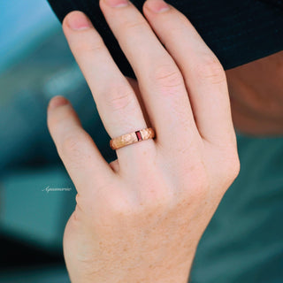 Emerald Cut Natural Red Garnet Hammered Wedding Band in 14K Rose Gold Vermeil (5.5mm)