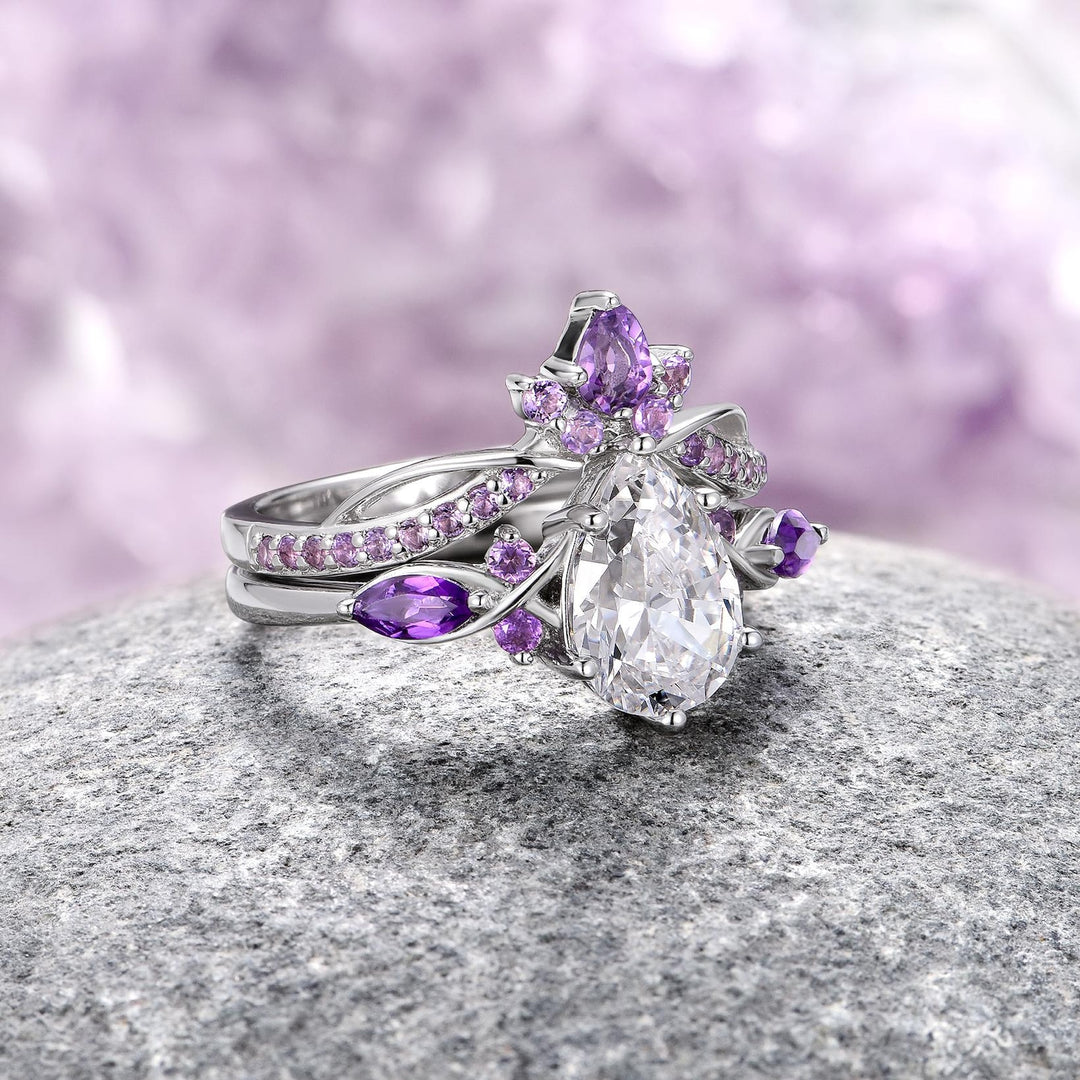 Feyre Amethyst & Diamond (cz) Leaf Couples Ring