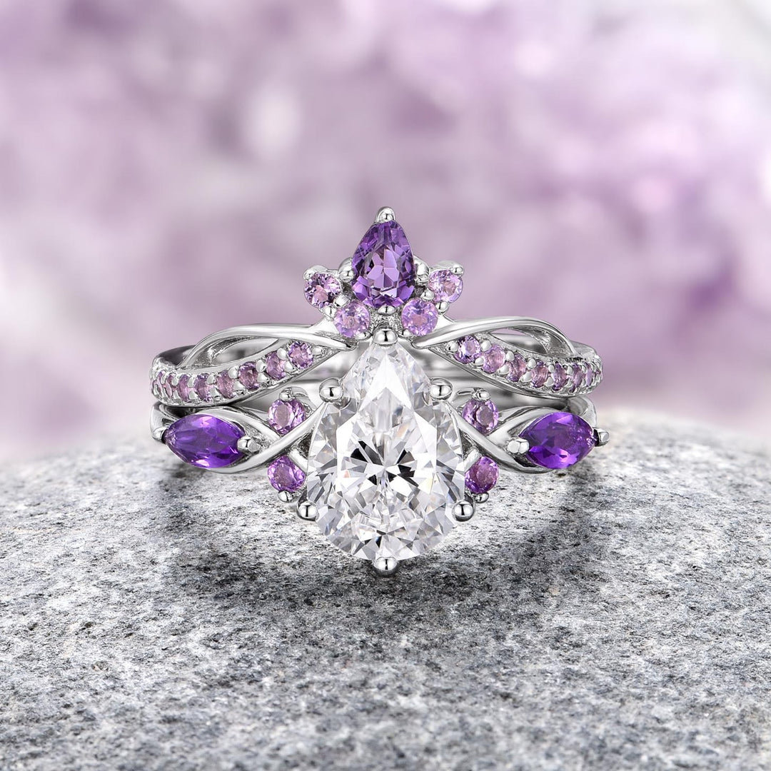 Feyre Amethyst & Diamond (cz) Leaf Couples Ring