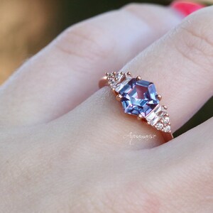 Hexagon Cut Alexandrite Engagement Ring in 14K Solid Rose Gold