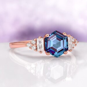 Hexagon Cut Alexandrite Engagement Ring in 14K Solid Rose Gold