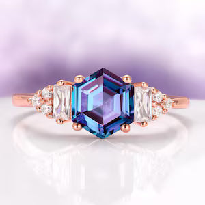 Hexagon Cut Lab-Grown Alexandrite Ring in 14K Rose Gold Vermeil