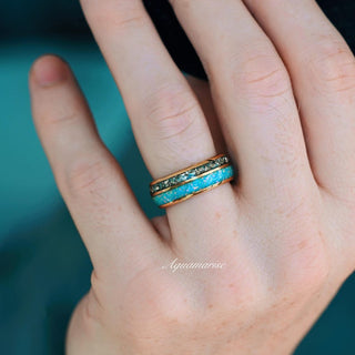 Blue Fire Opal & Crushed Diamond Couples Ring Set