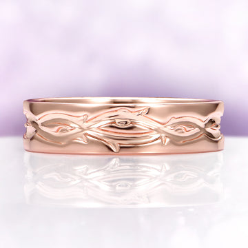 Nature Inspired Leaf Engraved Wedding Band in 14K Solid Rose Gold by Aquamarise Gold, showcasing a polished rose gold band with intricate leaf and vine engraving.