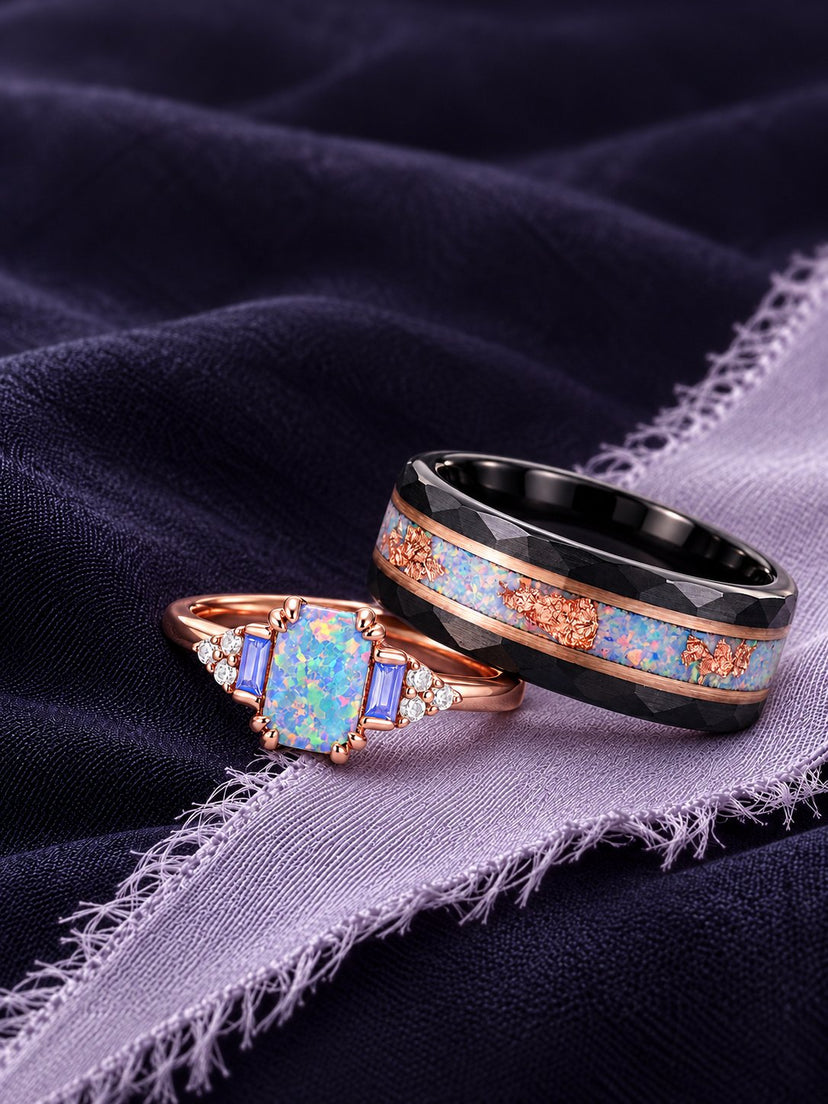 Emerald-cut light blue fire opal ring with opalescent purple sapphire accents in 14K rose gold vermeil beside a hammered black tungsten men's band with light blue opal inlay on lavender ribbon, Aquamarise couples ring set banner