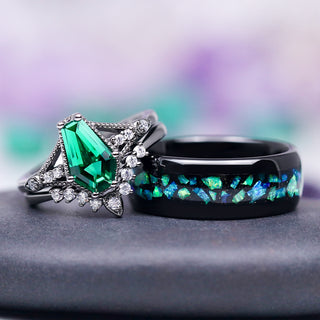 Galaxy Green Fire Opal Wedding Band in Black Tungsten Carbide 