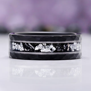 Meteorite and silver leaf tungsten wedding band by Aquamarise