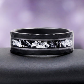 Meteorite and silver leaf tungsten wedding band by Aquamarise, side profile view