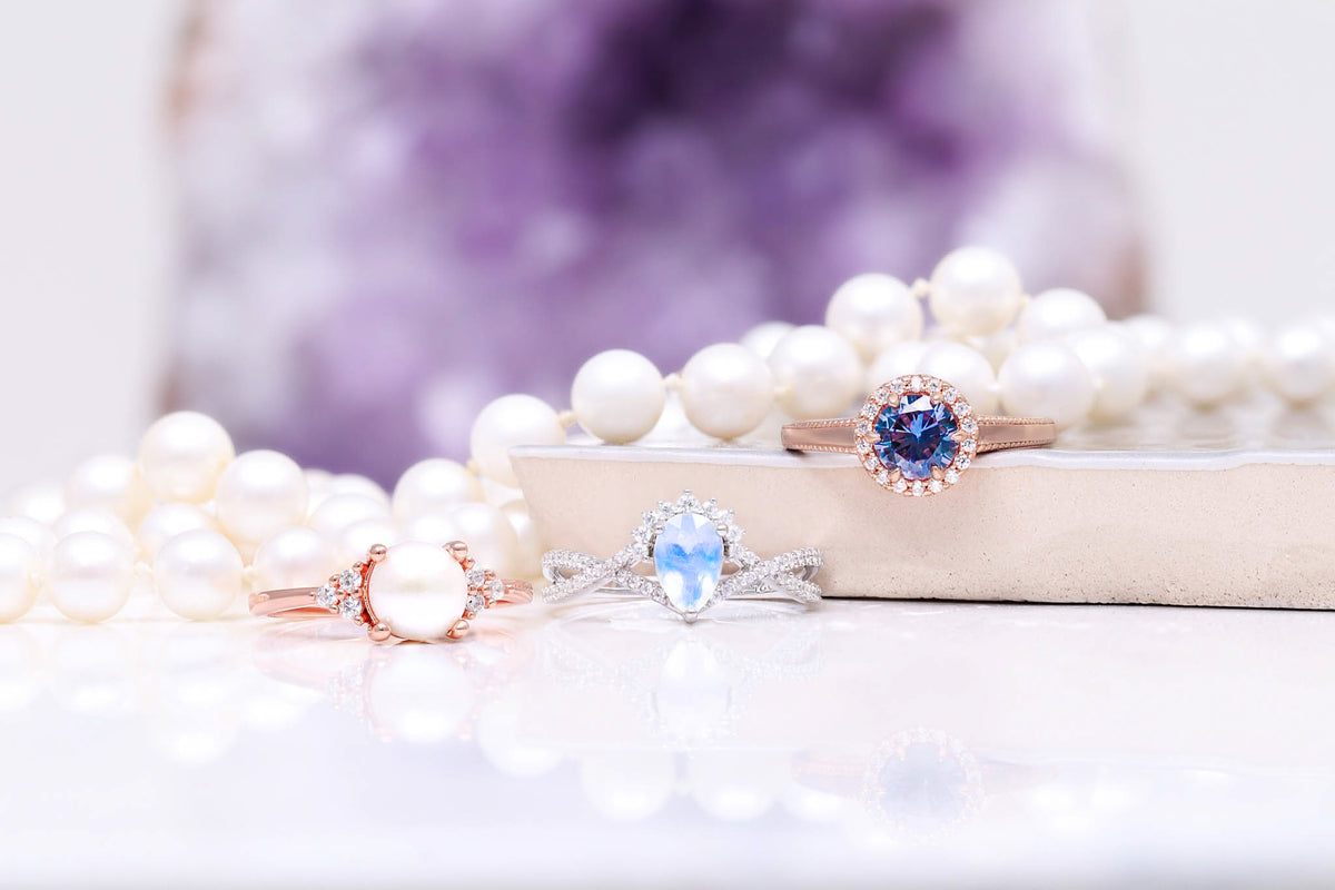 moonstone pearl alexandrite rings June birthstone banner 