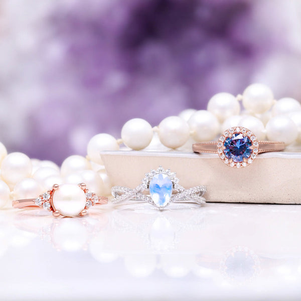 moonstone pearl alexandrite rings June birthstone banner 