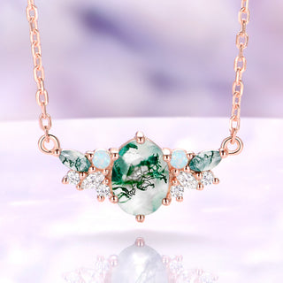 Moss agate and opal cluster necklace in 14K rose gold vermeil with an oval green moss agate center