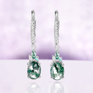 Moss agate and opal drop earrings in sterling silver with oval green moss agate on pave leverbacks