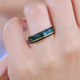 Moss Agate Women's Wedding Band in Black and Rose Gold Tungsten (6mm) worn on the hand