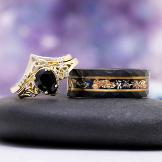 Black Onyx & Meteorite Celtic Couples Ring Set by Aquamarise, featuring a black onyx gemstone with intricate gold Celtic design paired with a meteorite inlay ring with gold accents.