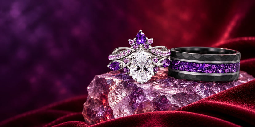 Couples ring set on an amethyst cluster over red velvet: oval white gemstone engagement ring with purple amethyst accents and twisted band beside a black hammered men's band with amethyst inlay, Aquamarise banner