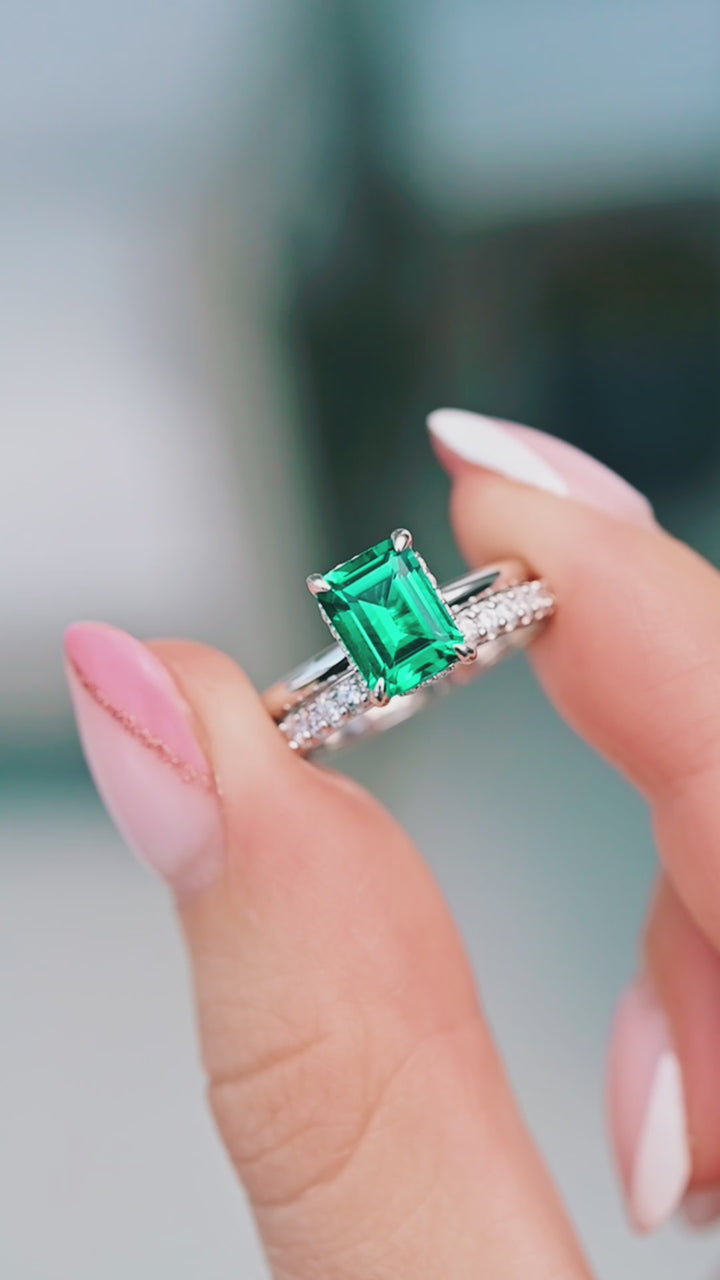 Hidden Halo Emerald Ring Set- Sterling Silver