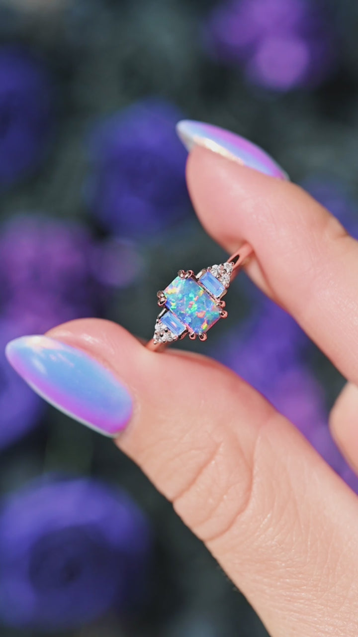 Light Blue Fire Opal & Opalescent Sapphire Couples Ring