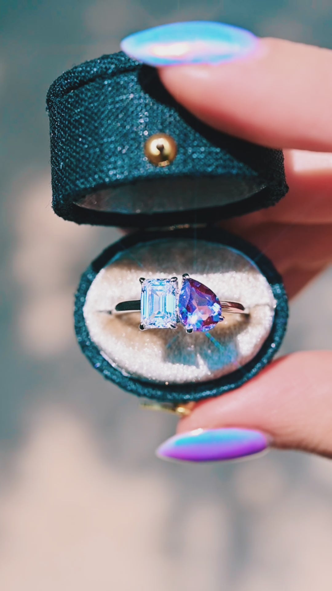 Toi Et Moi Alexandrite and Diamond Engagement Ring in 925 Sterling Silver