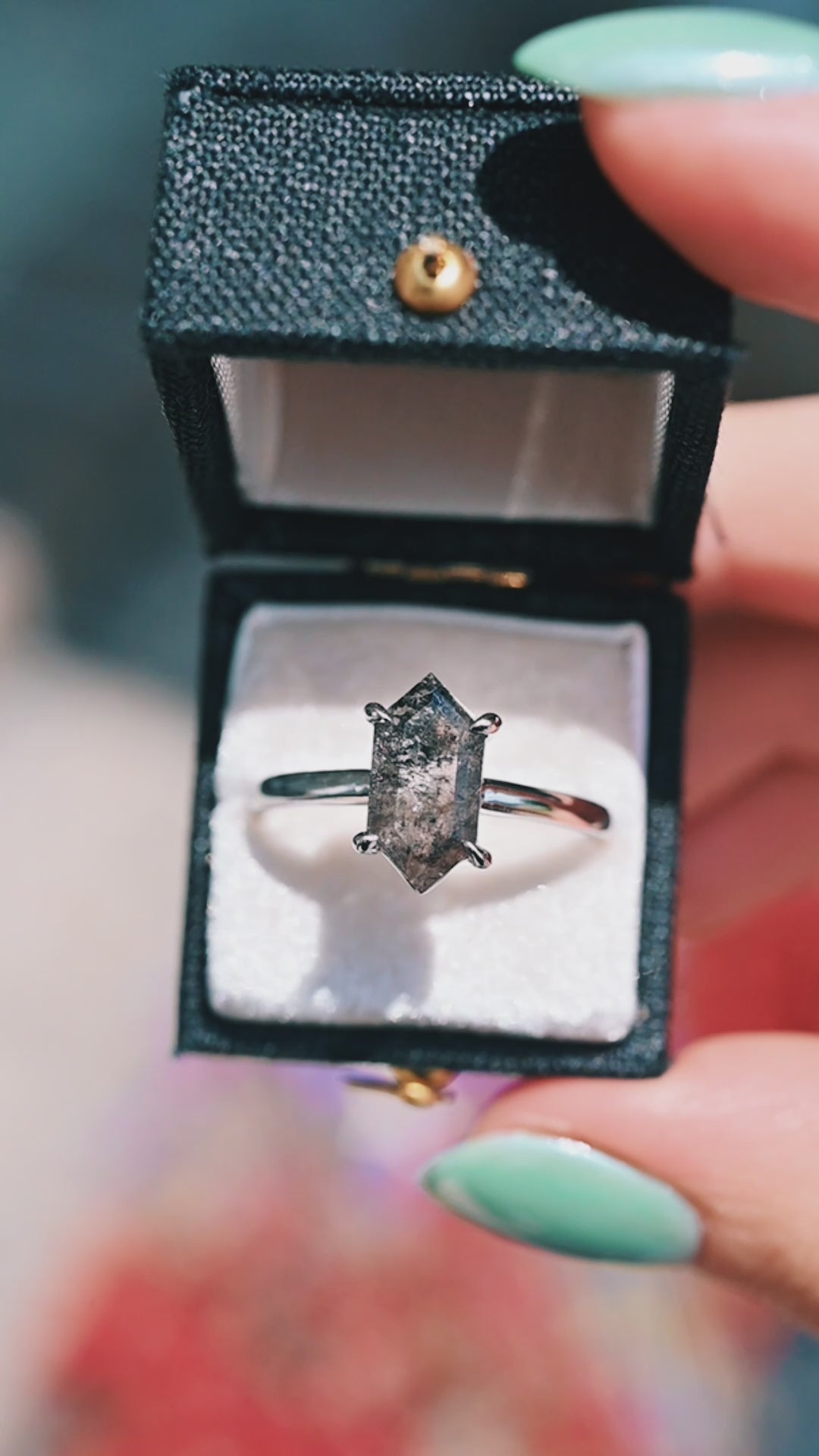Hexagon Galaxy Raw Salt & Pepper (Herkimer) Diamond Ring- Sterling Silver