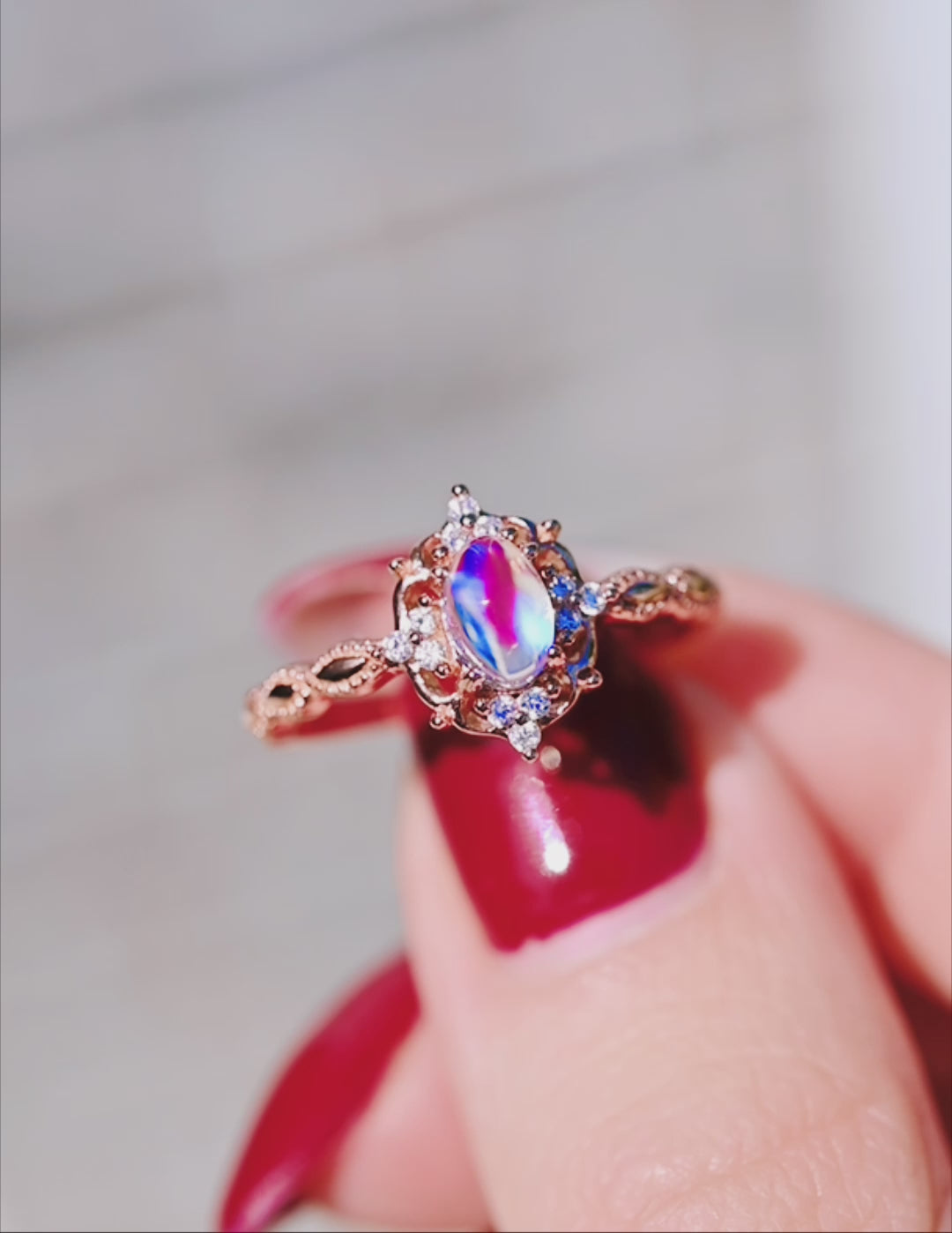 Claire Vintage Natural Moonstone Engagement Ring in 14K Solid Rose Gold