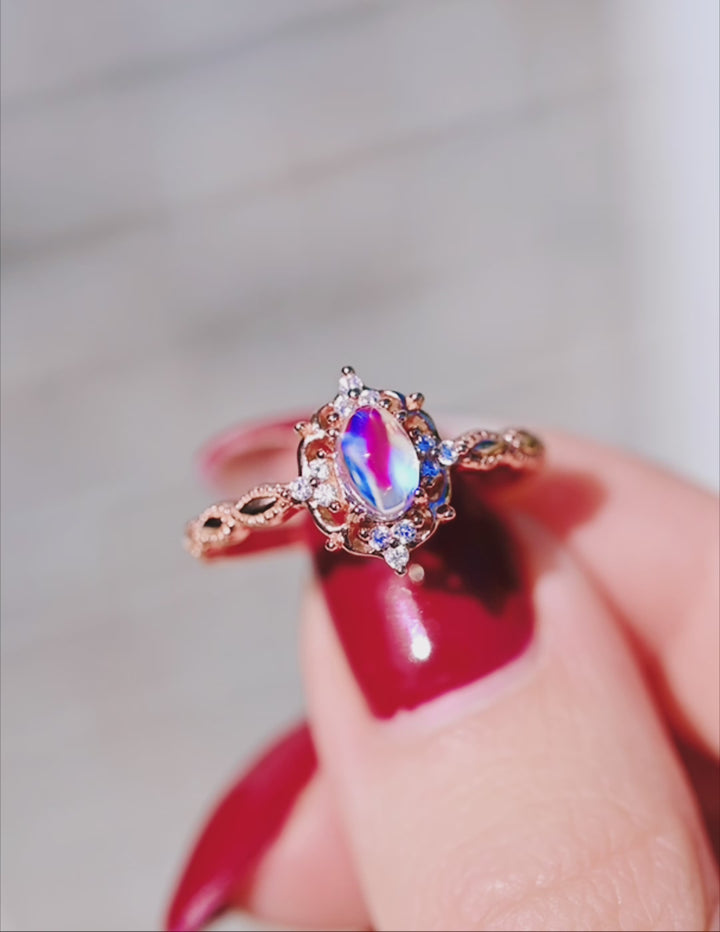 Claire Vintage Natural Moonstone Engagement Ring in 14K Solid Rose Gold