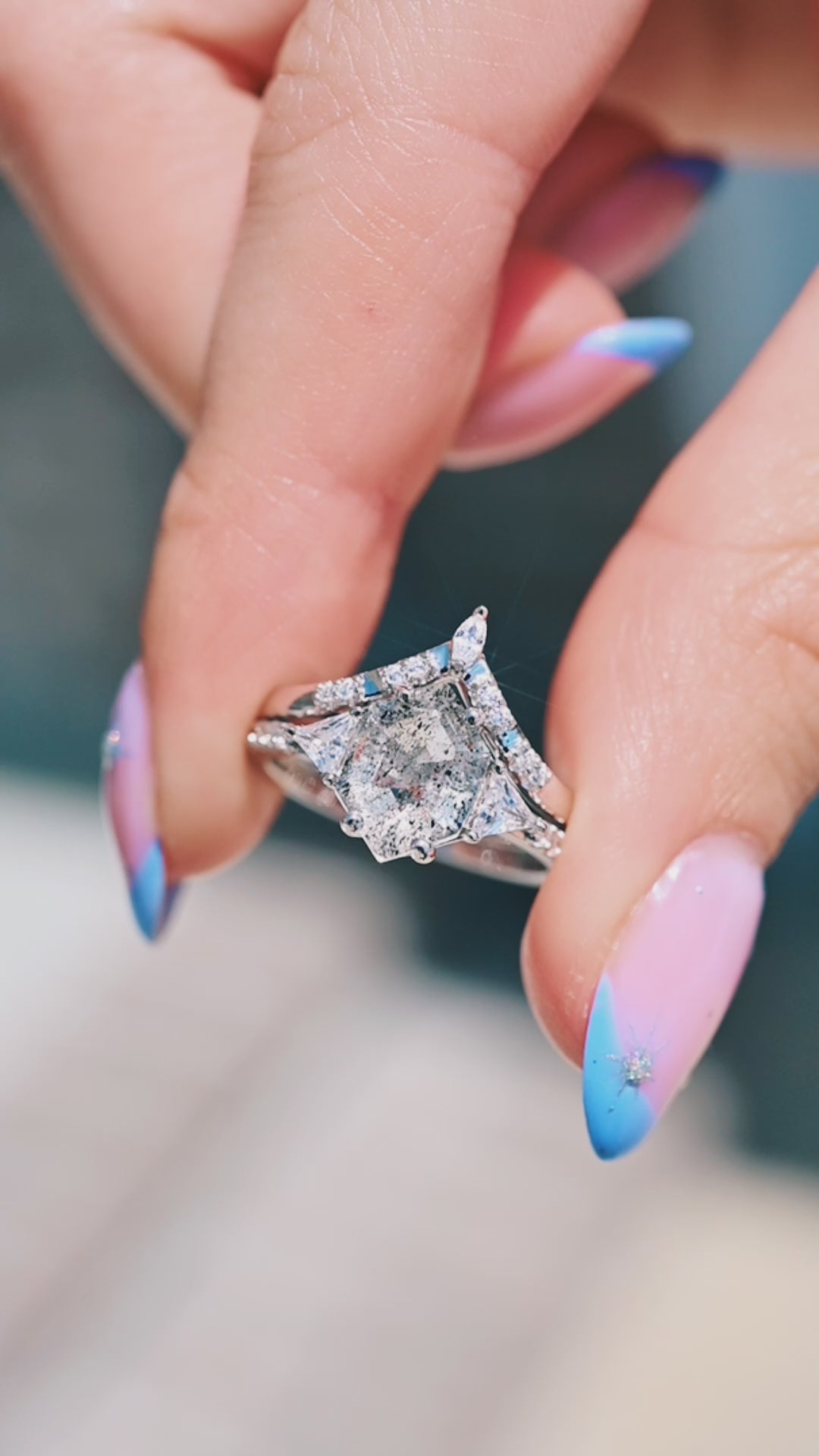 Galaxy Raw Salt & Pepper Diamond (Herkimer Diamond) Hexagon Ring Set- 925 Sterling Silver