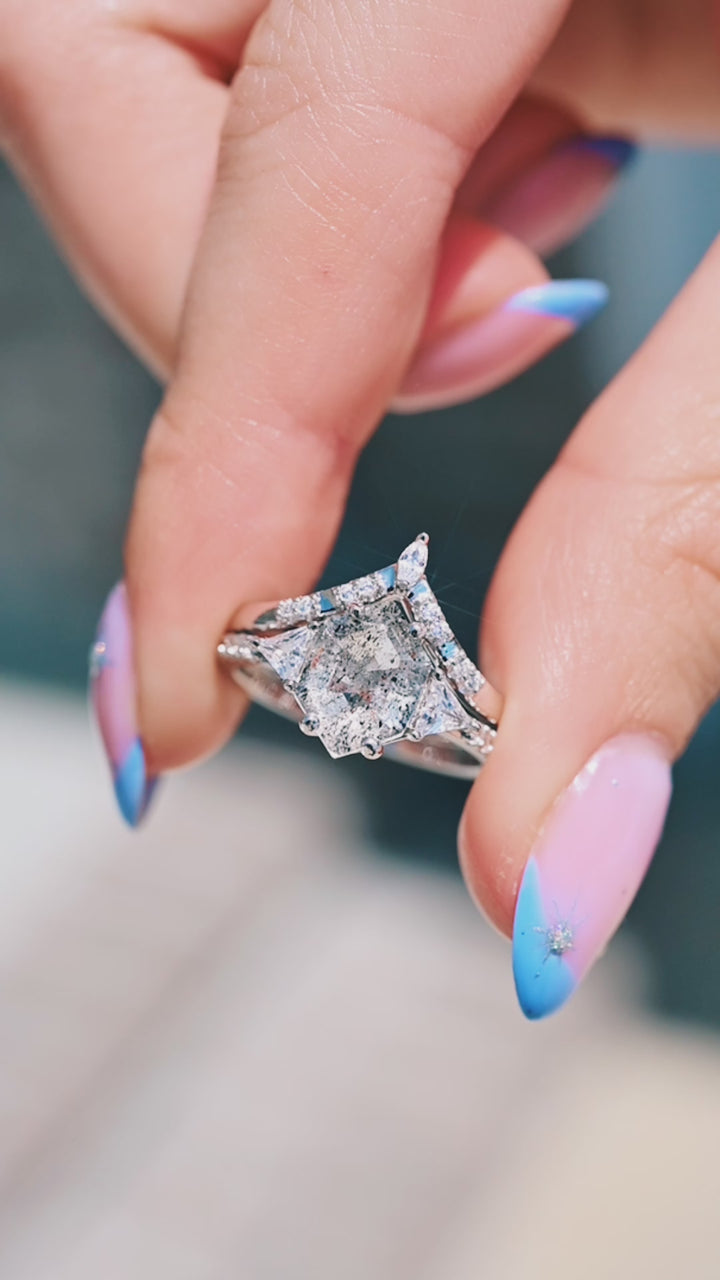 Galaxy Raw Salt & Pepper Diamond (Herkimer Diamond) Hexagon Ring Set- 925 Sterling Silver