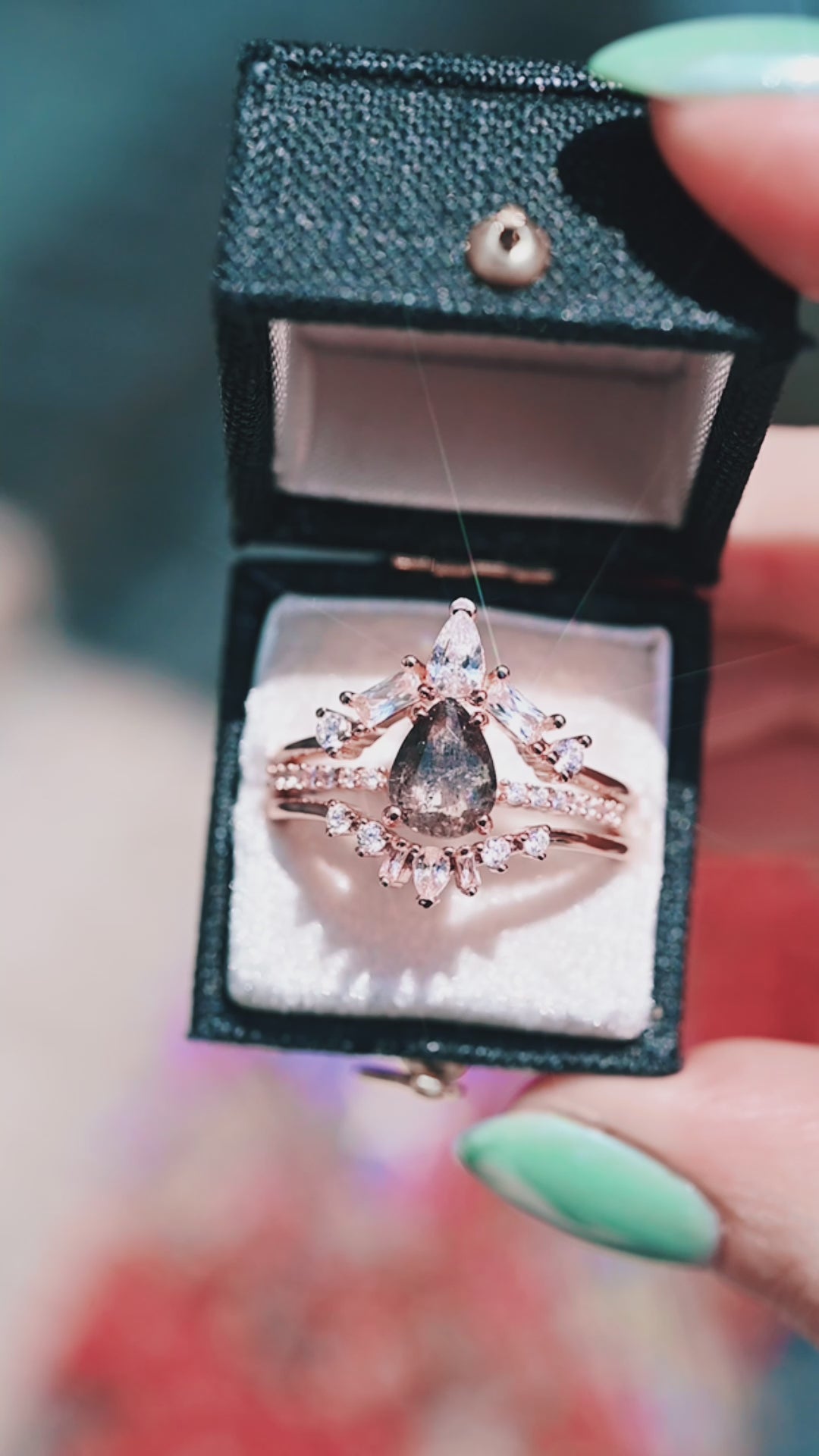Galaxy Raw Salt & Pepper (Herkimer) Diamond Ring Set- 14K Rose Gold Vermeil