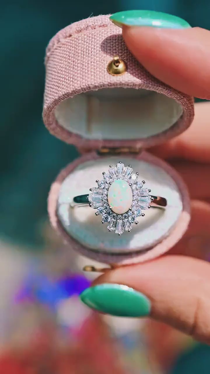 Victoria Natural Australian Opal Art Deco Engagement Ring in 14K White Gold