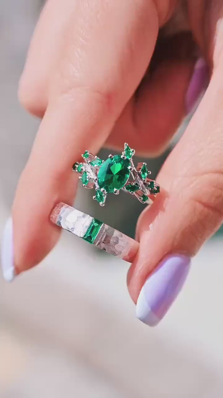 Emerald Leaf Engagement Ring- 925 Sterling Silver