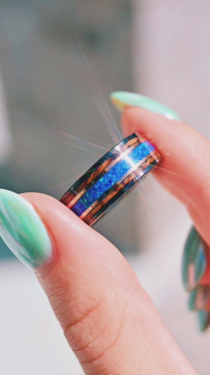 Whiskey Barrel and Blue Fire Opal Wedding Band in Tungsten (8mm)