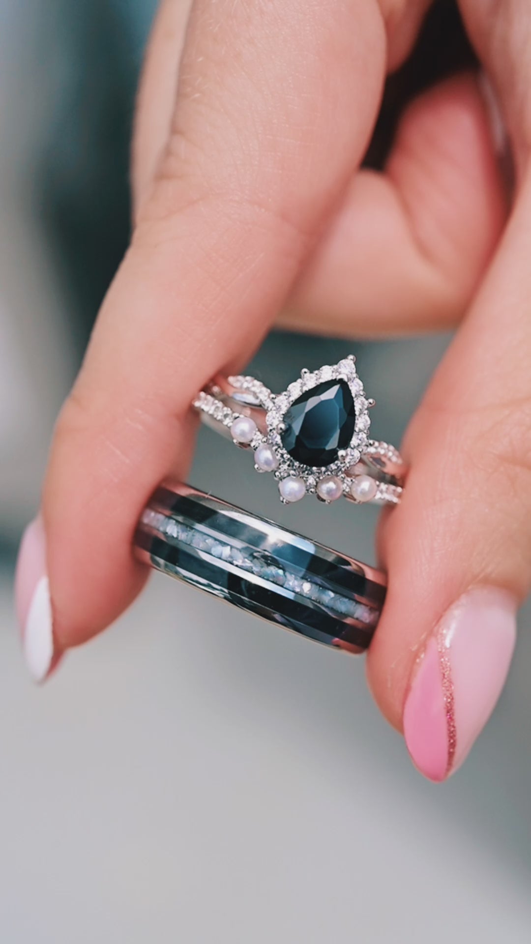 Black Onyx and Pearl Wedding Band in Tungsten (8mm)