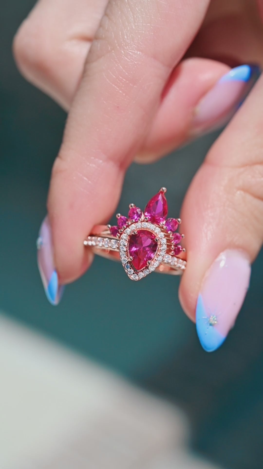 Amy Teardrop Ruby Ring Set- 14K Rose Gold Vermeil